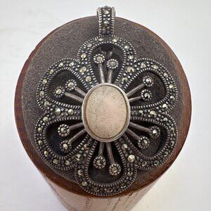 Sterling Silver 925 Marcasite Pink Mother of Pearl Flower Pendant 1.75" Length